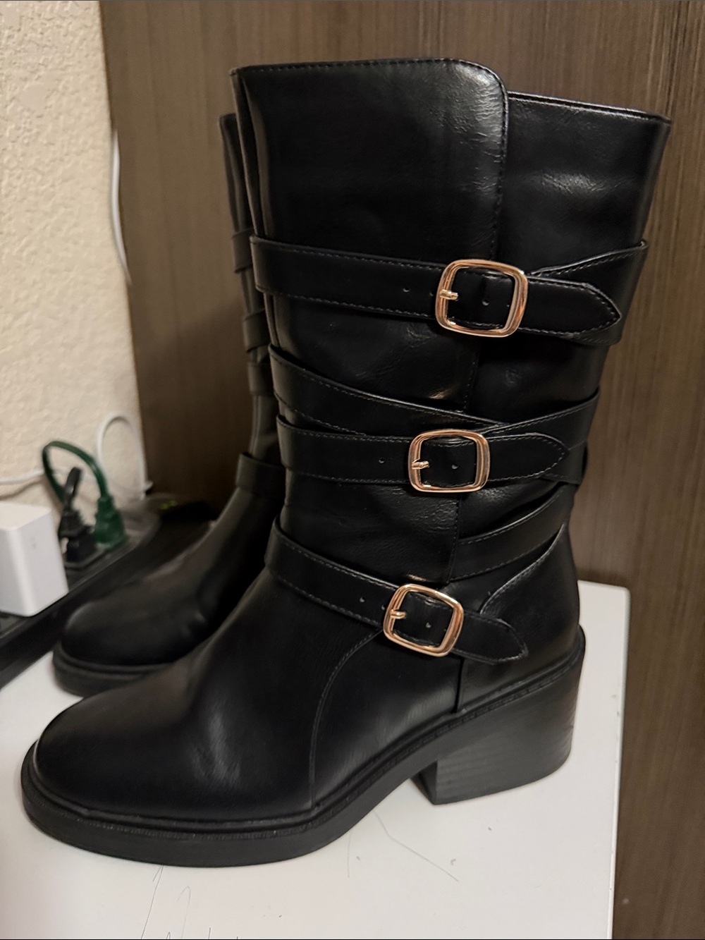 JustFab Black Mid-Calf Buckle Strap Block Heel Boots